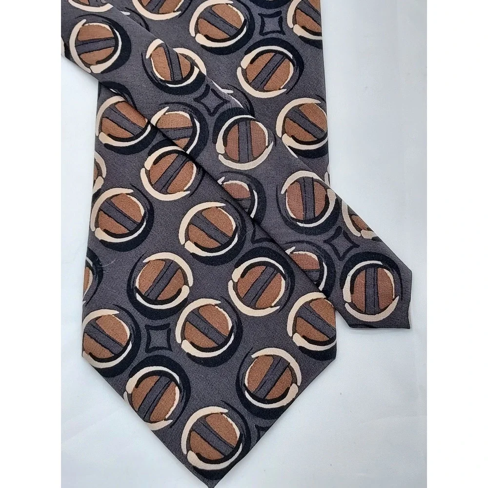 Men Silk Necktie Charcoal Grey Brown Cream Geometric Circle Abstract Pattern Tie